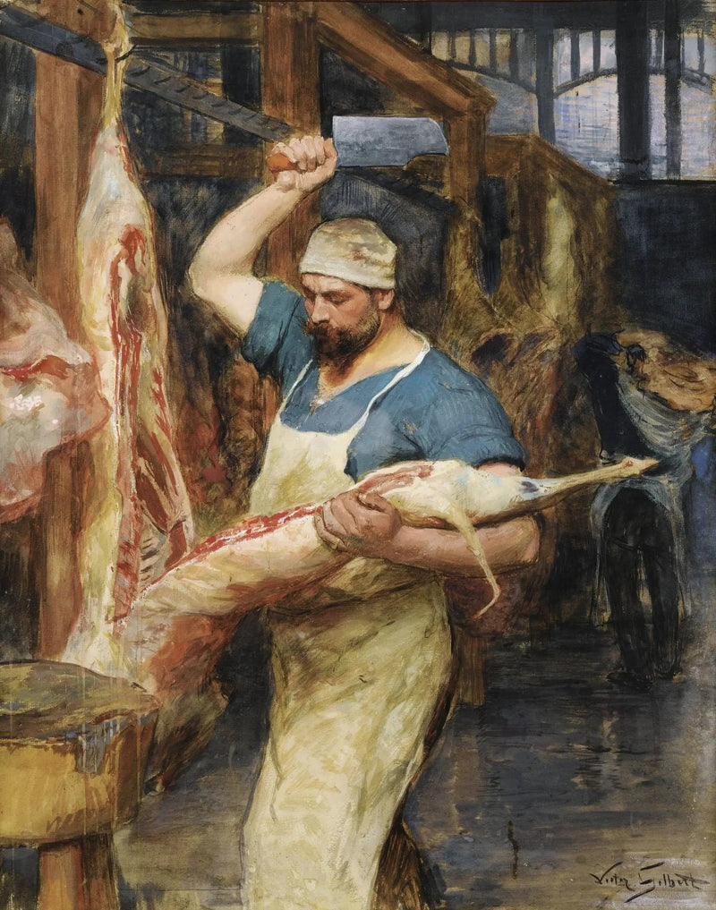 People Oil Painting - Butcher at Work in Shop - Oil Painting Haven