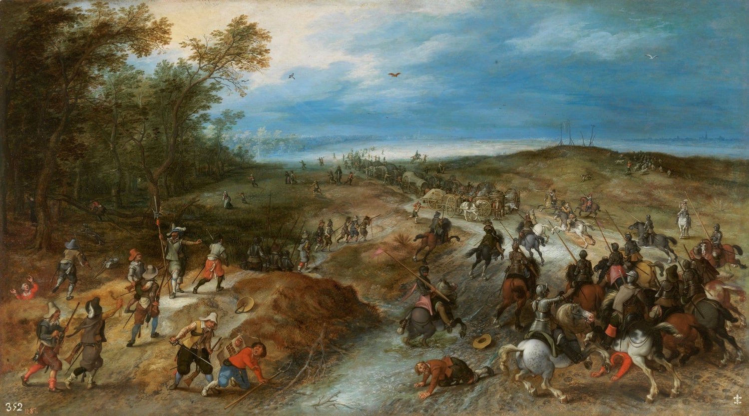 People Oil Painting - Cavalry Battle and Wagon Convoy Scene - Oil Painting Haven