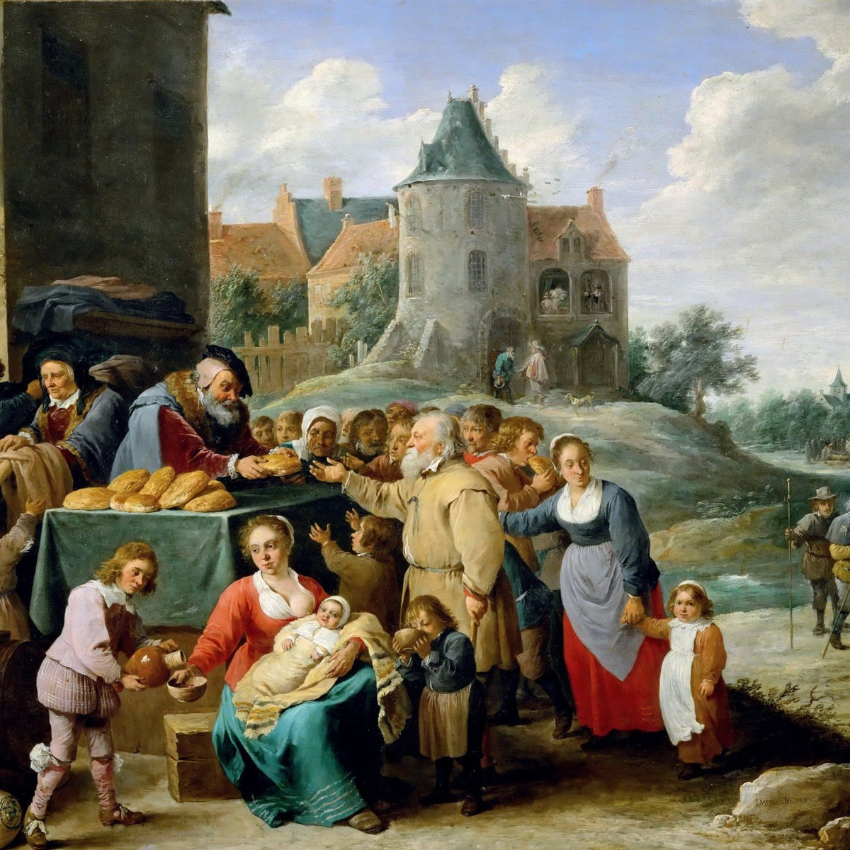 People Oil Painting - Charity Scene with Figures in Village - Oil Painting Haven