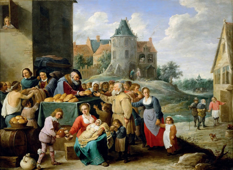 People Oil Painting - Charity Scene with Figures in Village - Oil Painting Haven