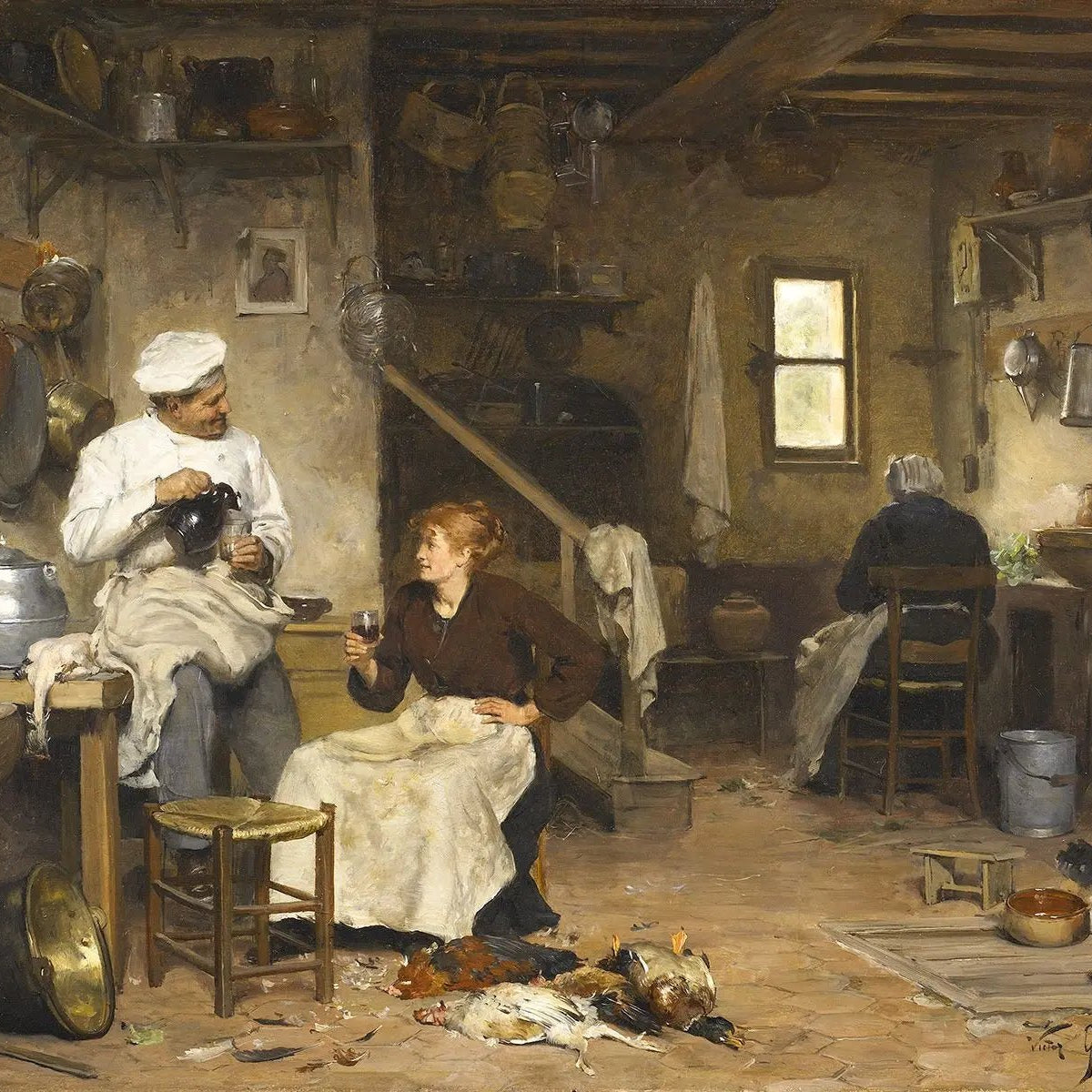 People Oil Painting - Chef and Woman in Rustic Kitchen - Oil Painting Haven