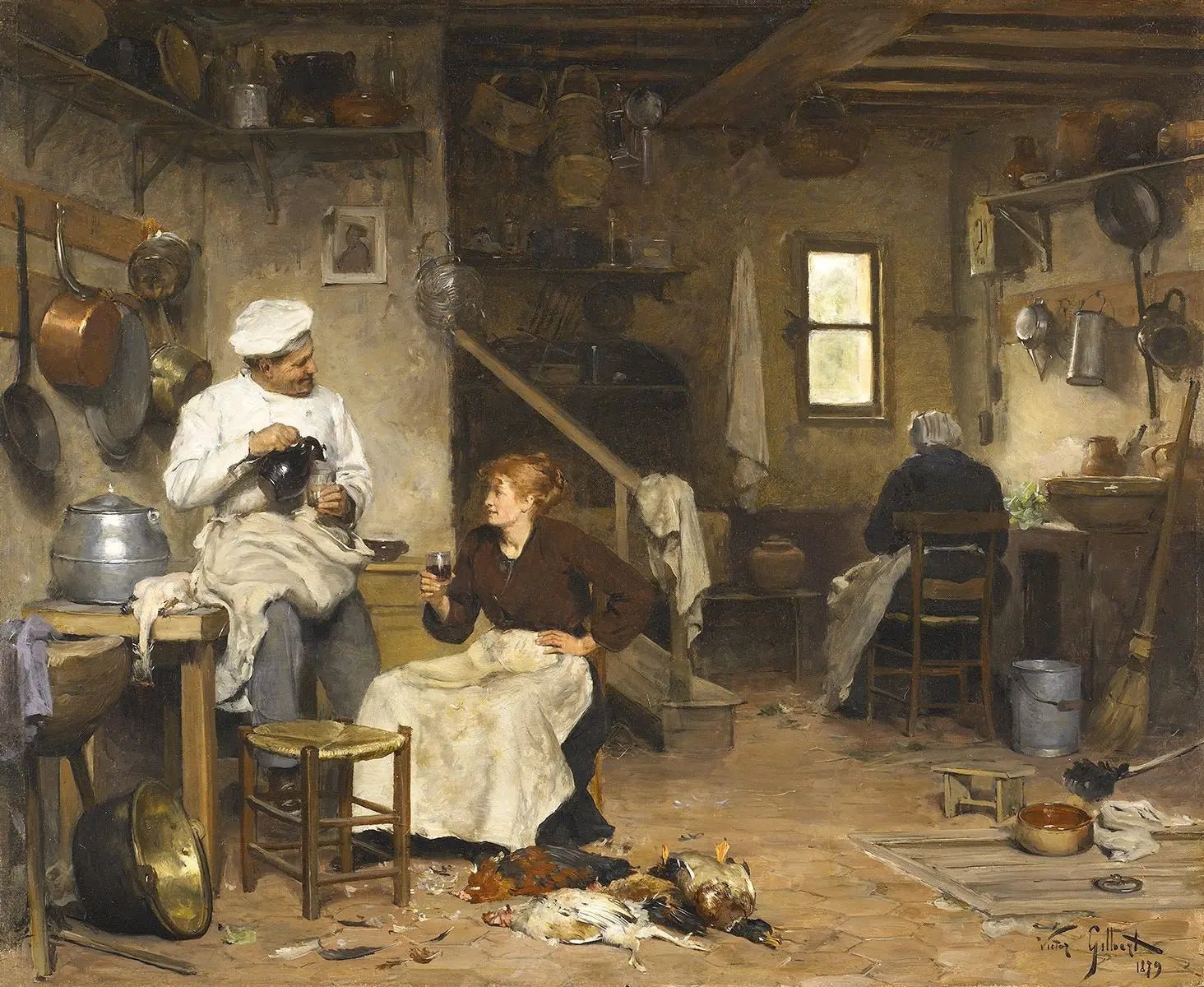 People Oil Painting - Chef and Woman in Rustic Kitchen - Oil Painting Haven