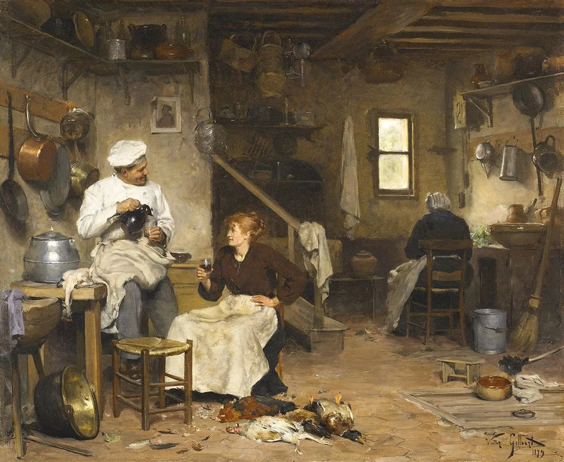 People Oil Painting - Chef and Woman in Rustic Kitchen - Oil Painting Haven