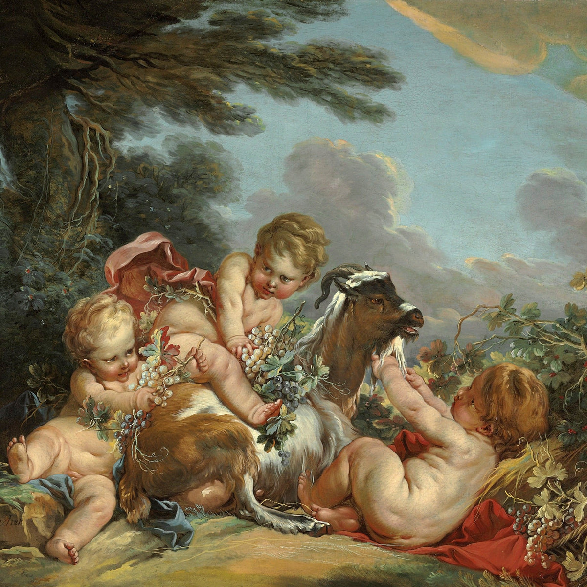 People Oil Painting - Cherubs Playing with Goat in Garden - Oil Painting Haven