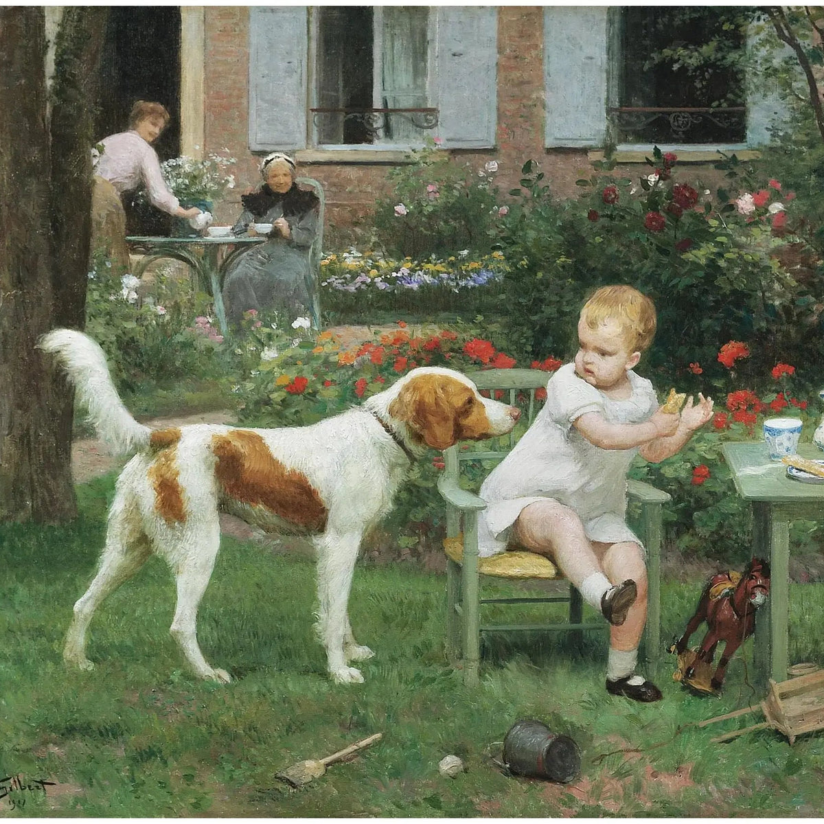 People Oil Painting - Child and Dog in Garden - Oil Painting Haven
