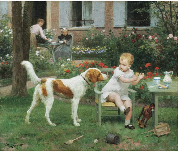People Oil Painting - Child and Dog in Garden - Oil Painting Haven