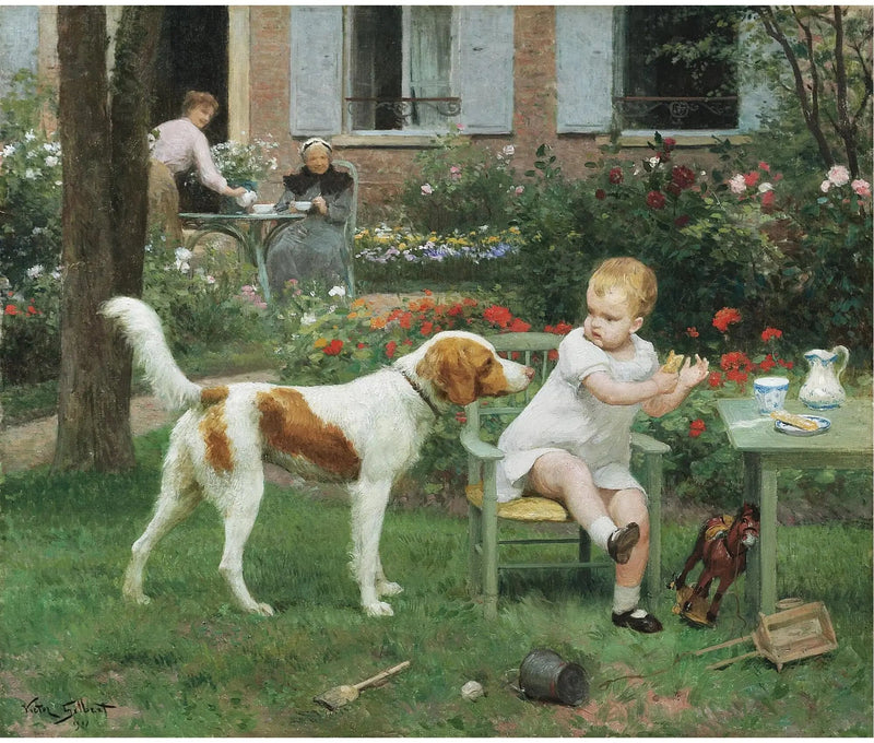 People Oil Painting - Child and Dog in Garden - Oil Painting Haven