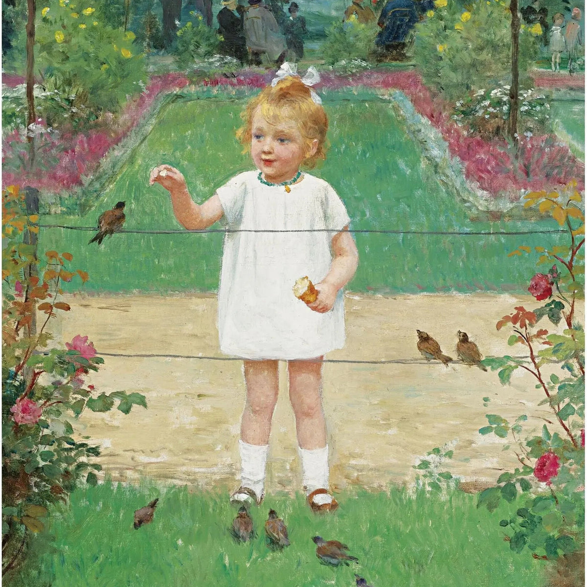 People Oil Painting - Child Feeding Birds in Garden - Oil Painting Haven