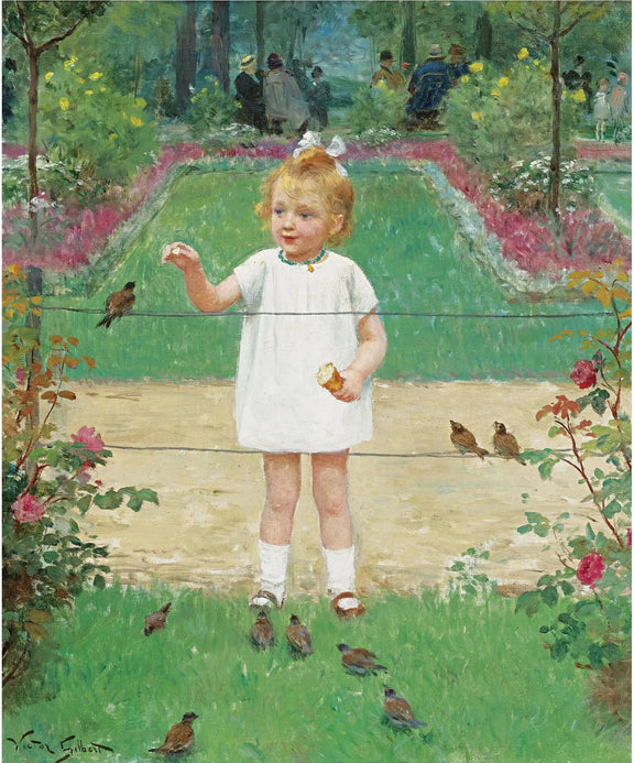 People Oil Painting - Child Feeding Birds in Garden - Oil Painting Haven