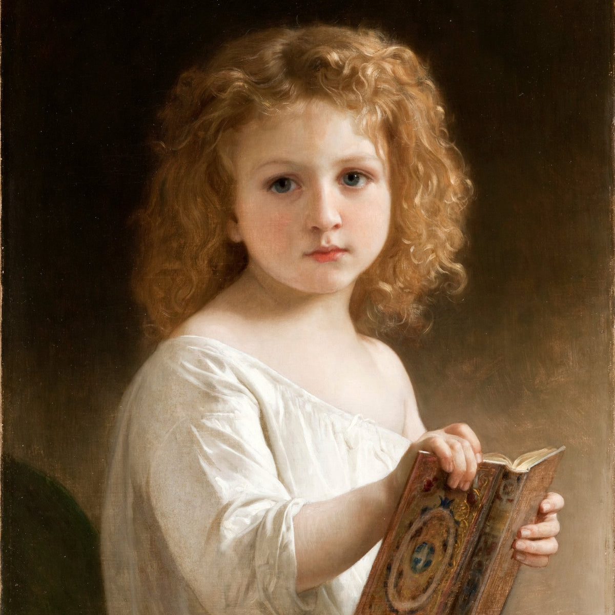 People Oil Painting - Child Portrait with Book in Soft Light - Oil Painting Haven