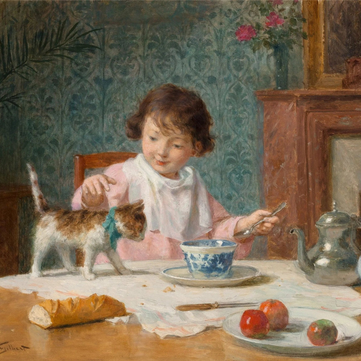 People Oil Painting - Child with Kitten at Breakfast Table - Oil Painting Haven