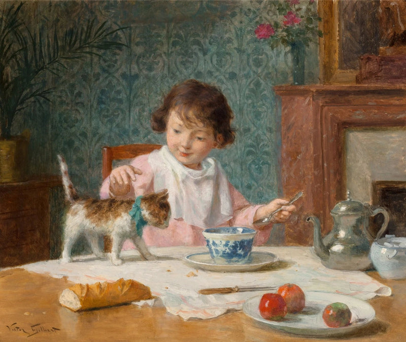 People Oil Painting - Child with Kitten at Breakfast Table - Oil Painting Haven