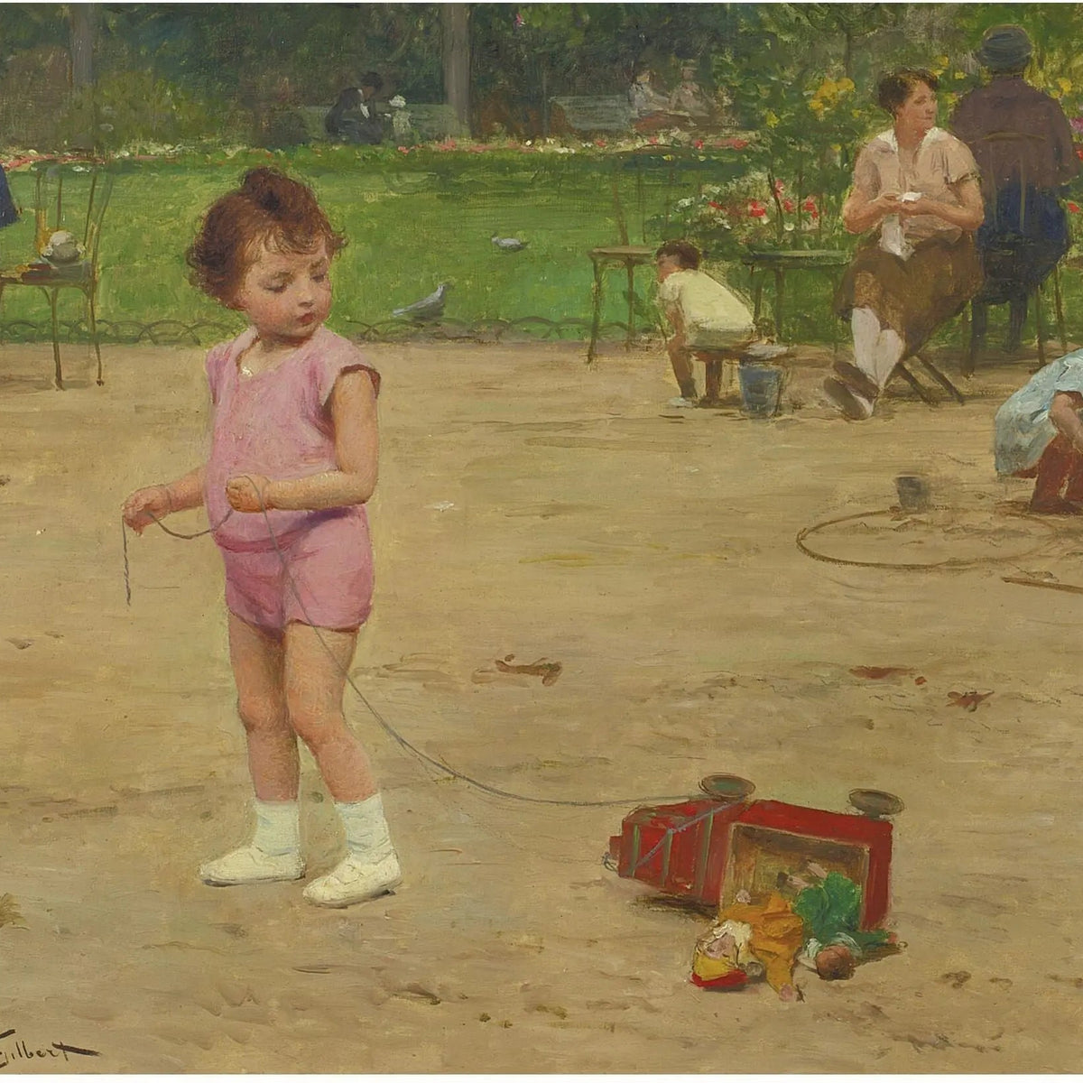 People Oil Painting - Child with Toy in Park - Oil Painting Haven