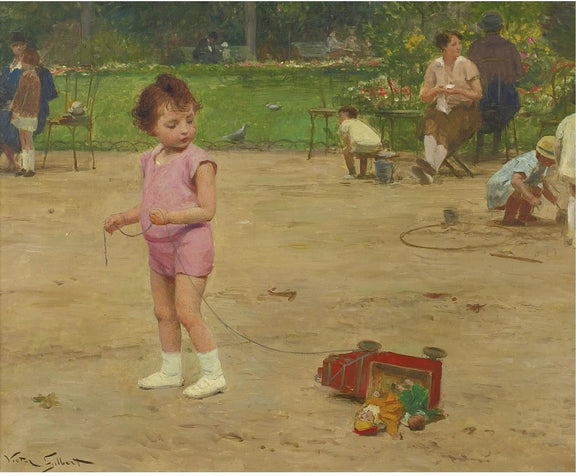 People Oil Painting - Child with Toy in Park - Oil Painting Haven