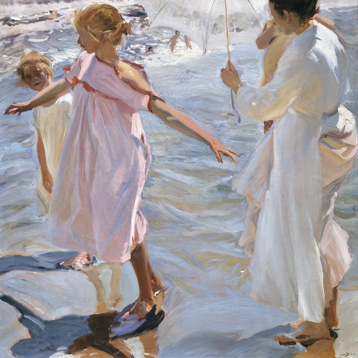 People Oil Painting - Children and Woman Playing in Seaside - Oil Painting Haven