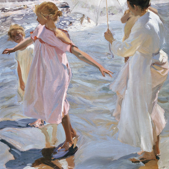 People Oil Painting - Children and Woman Playing in Seaside - Oil Painting Haven