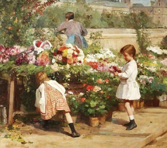 People Oil Painting - Children at Flower Stall Garden Scene - Oil Painting Haven