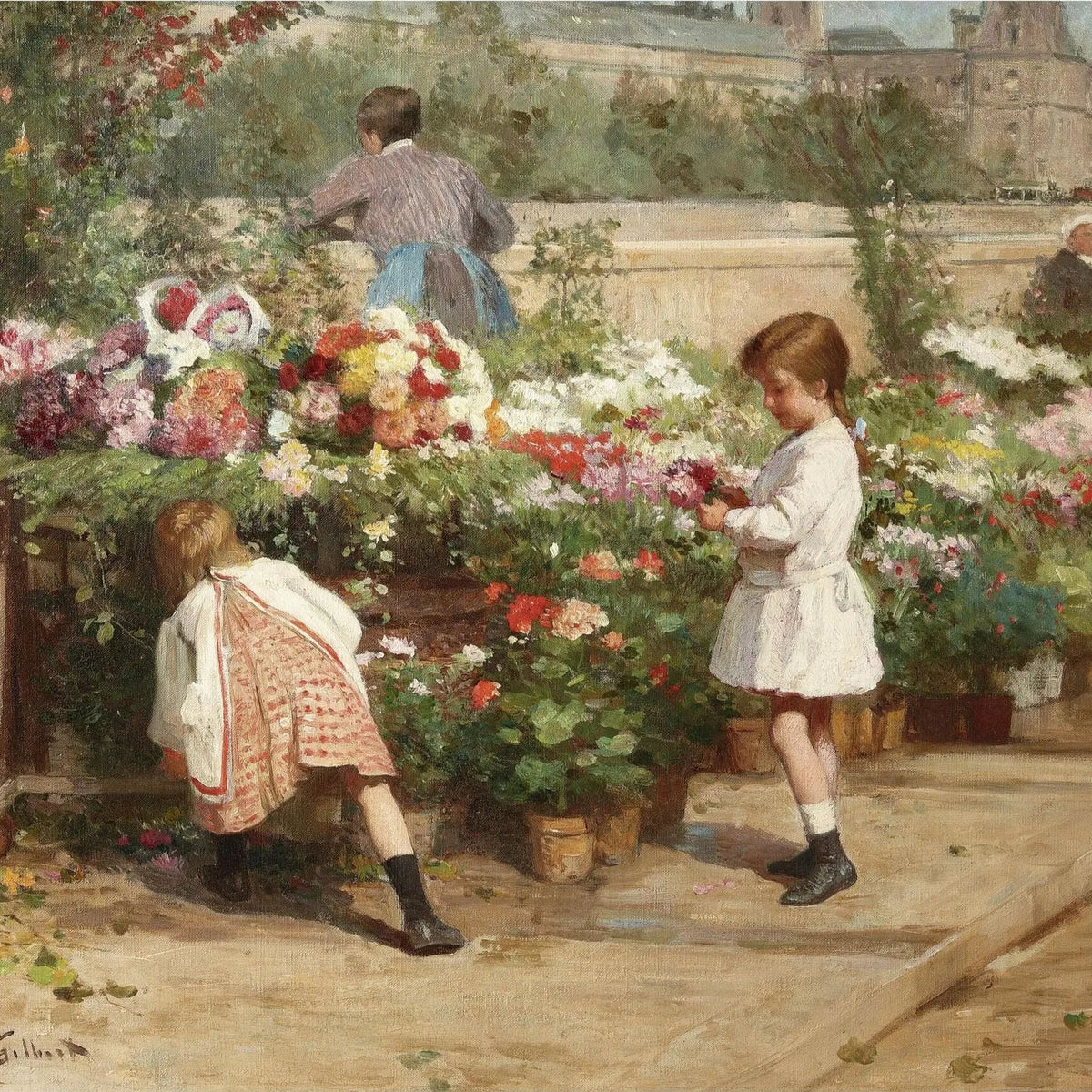 People Oil Painting - Children at Flower Stall - Oil Painting Haven