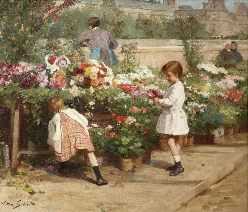 People Oil Painting - Children at Flower Stall - Oil Painting Haven