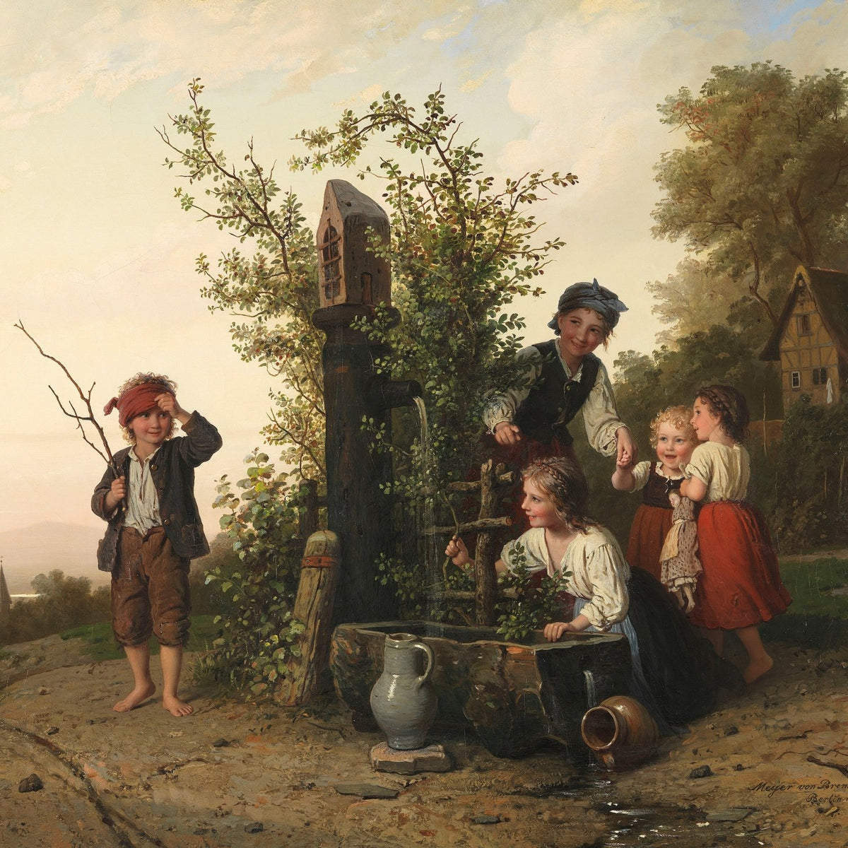 People Oil Painting - Children at Village Well Outdoor Scene - Oil Painting Haven