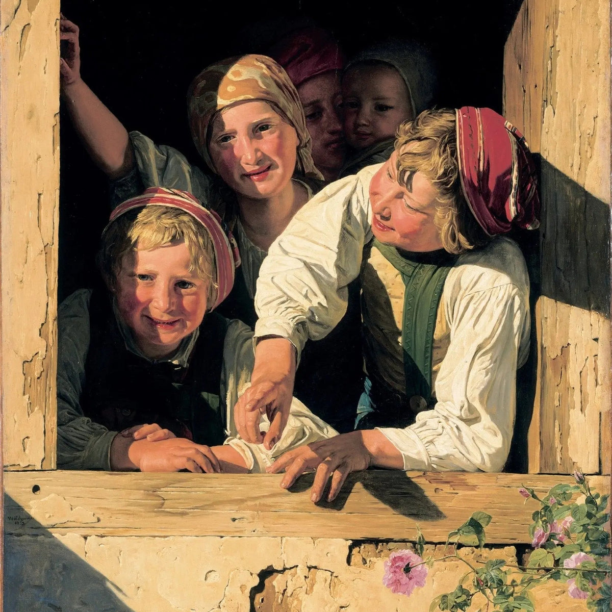 People Oil Painting - Children at Wooden Window - Oil Painting Haven