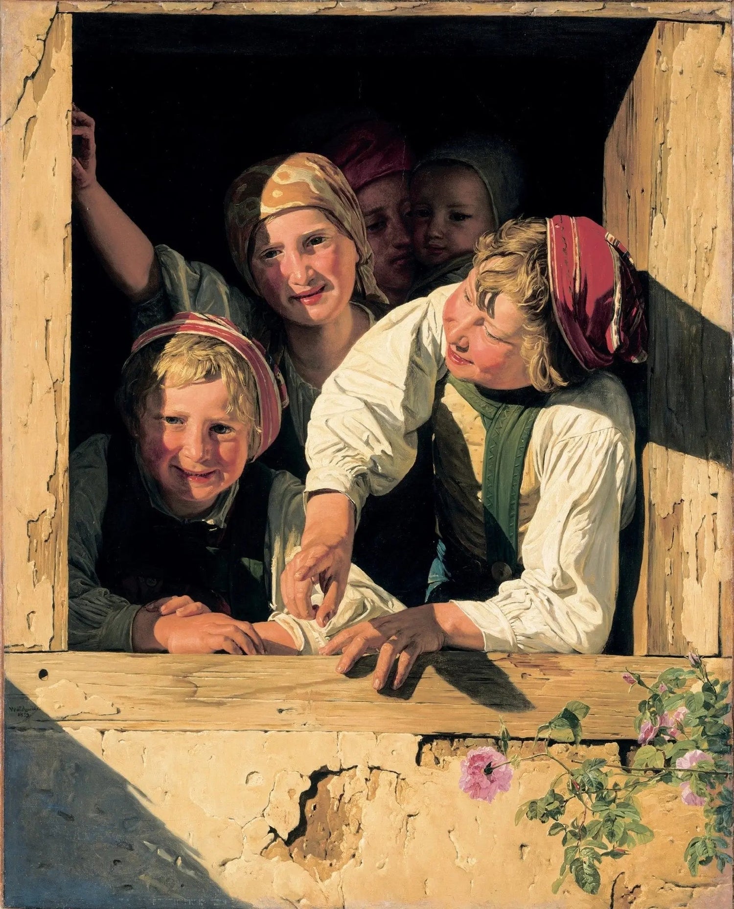 People Oil Painting - Children at Wooden Window - Oil Painting Haven