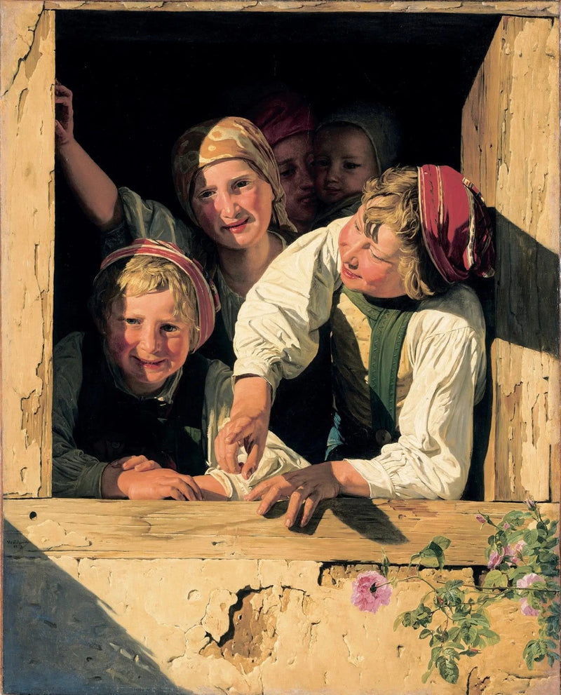 People Oil Painting - Children at Wooden Window - Oil Painting Haven