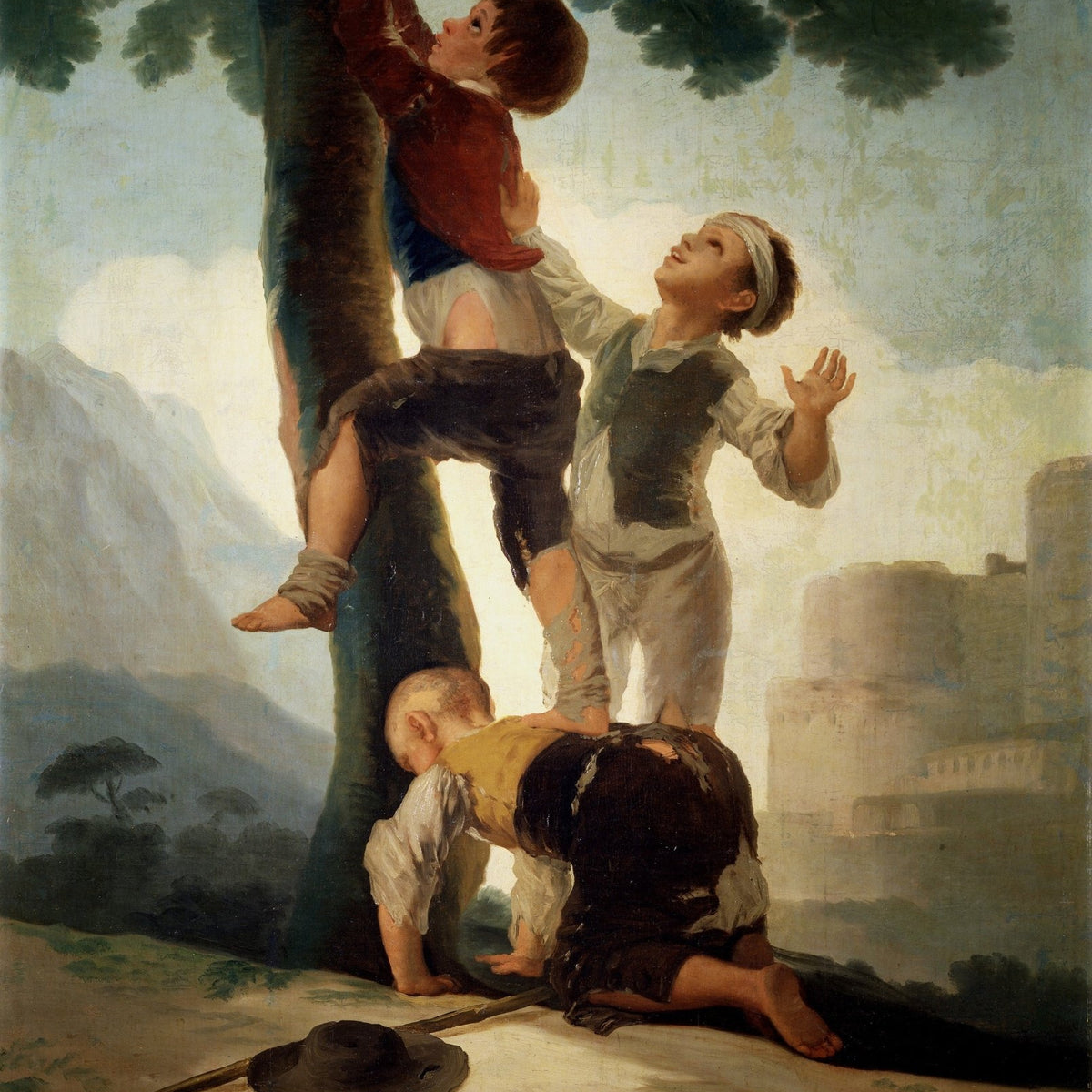 People Oil Painting - Children Climbing Tree Play Scene - Oil Painting Haven
