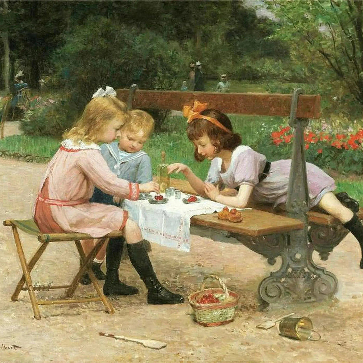People Oil Painting - Children Having Picnic in Park - Oil Painting Haven