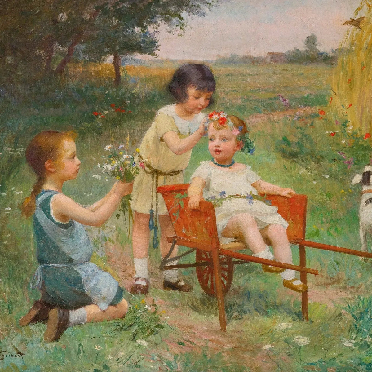 People Oil Painting - Children in Field with Flowers - Oil Painting Haven