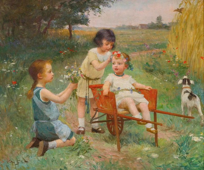 People Oil Painting - Children in Field with Flowers - Oil Painting Haven