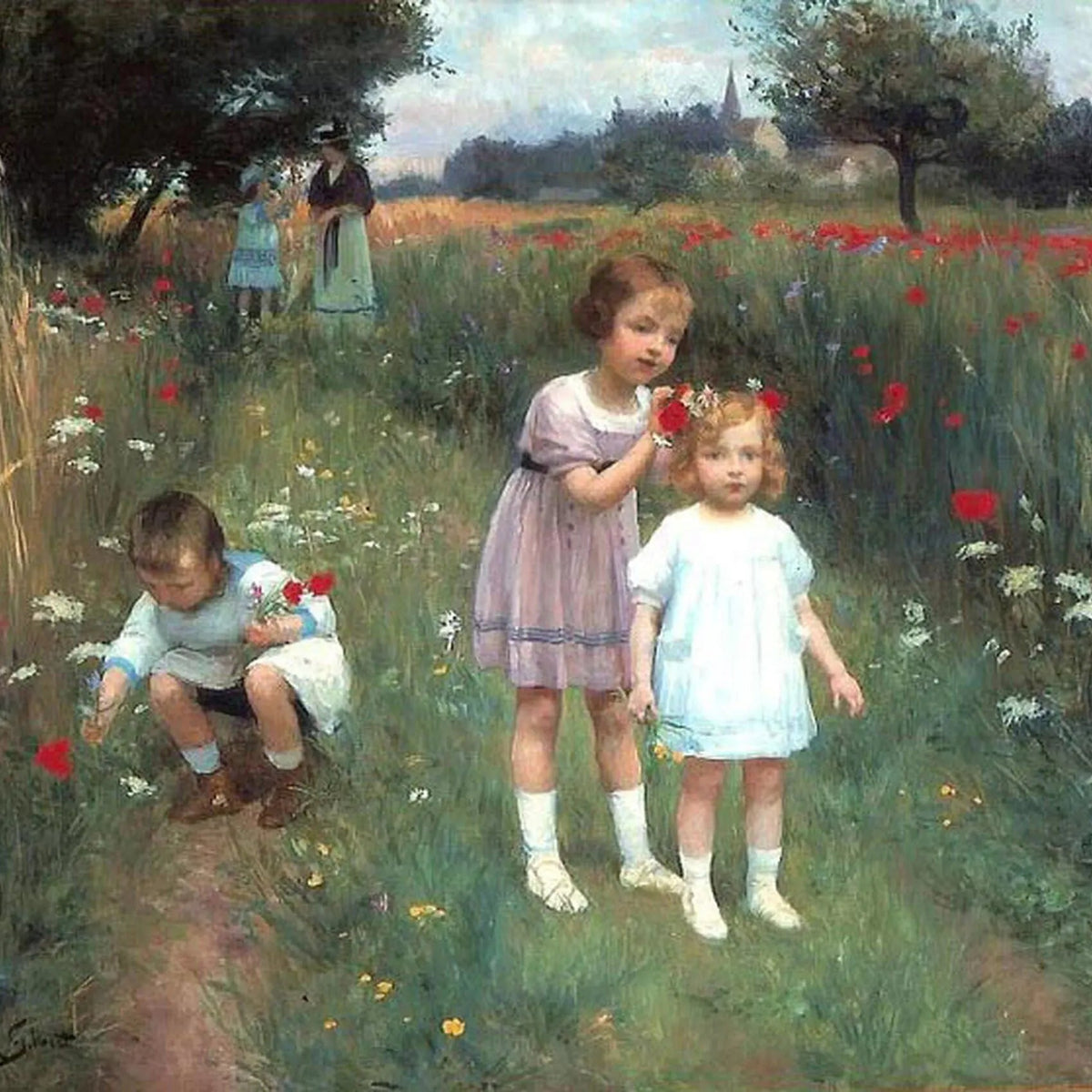 People Oil Painting | Children in Flower - Filled Field - Oil Painting Haven