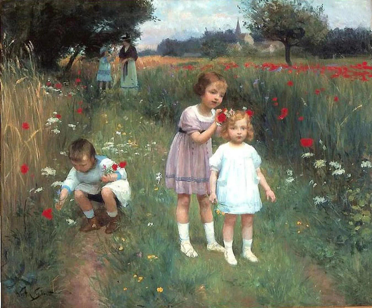 People Oil Painting | Children in Flower - Filled Field - Oil Painting Haven
