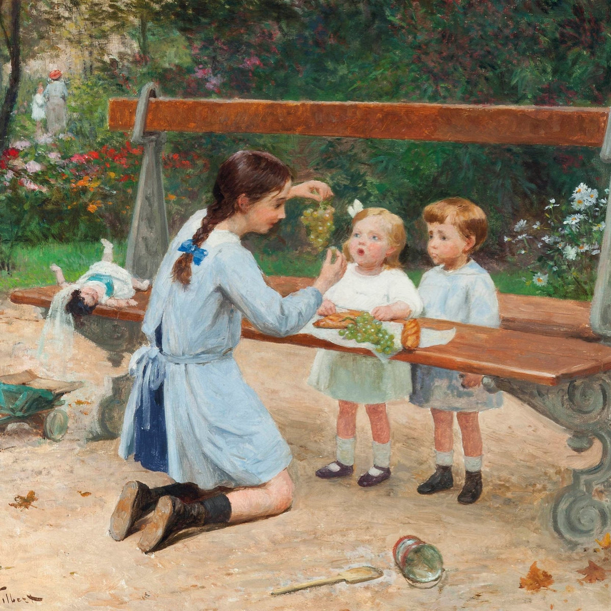 People Oil Painting - Children in Garden Feeding Scene - Oil Painting Haven
