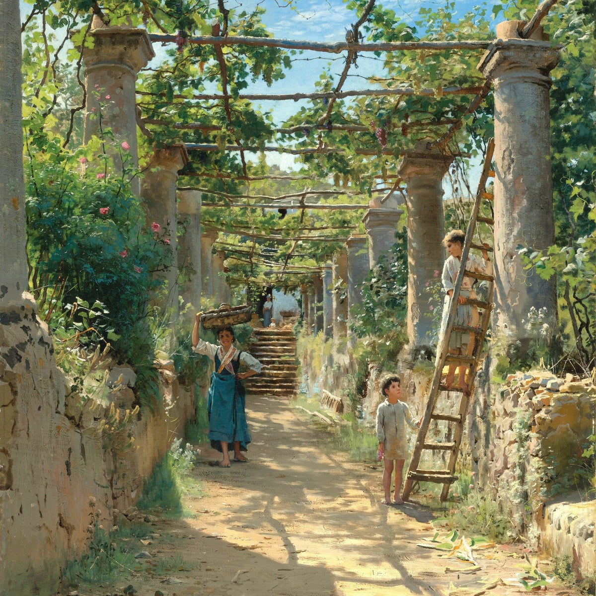 People Oil Painting - Children in Sunlit Vineyard Garden Path - Oil Painting Haven