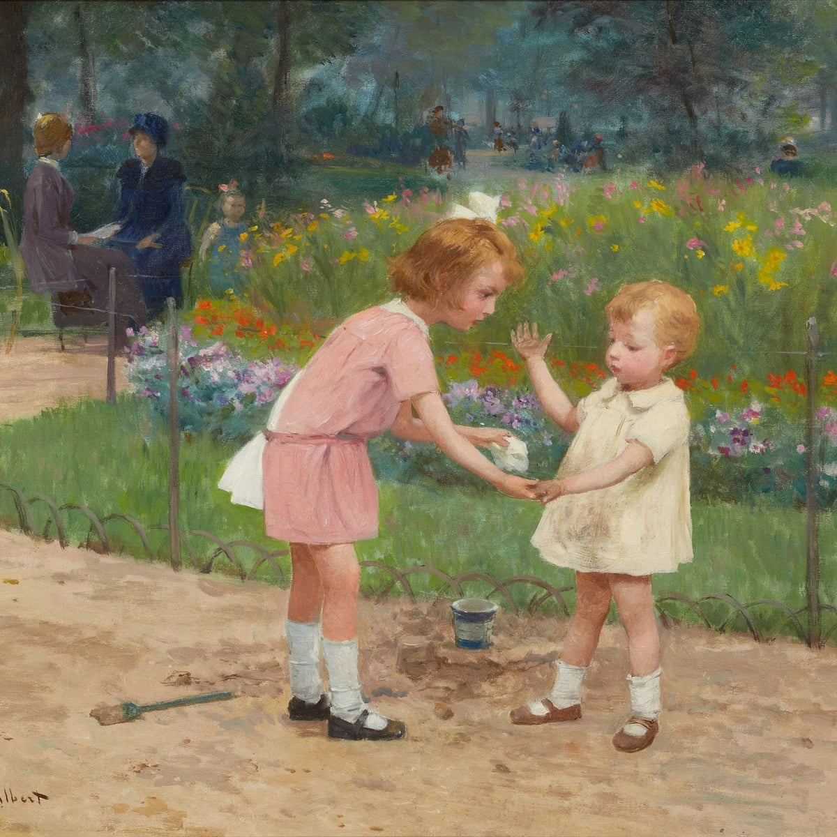 People Oil Painting - Children Interacting in Garden - Oil Painting Haven