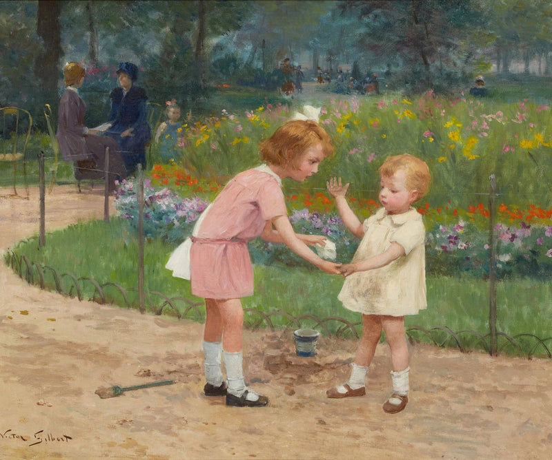 People Oil Painting - Children Interacting in Garden - Oil Painting Haven