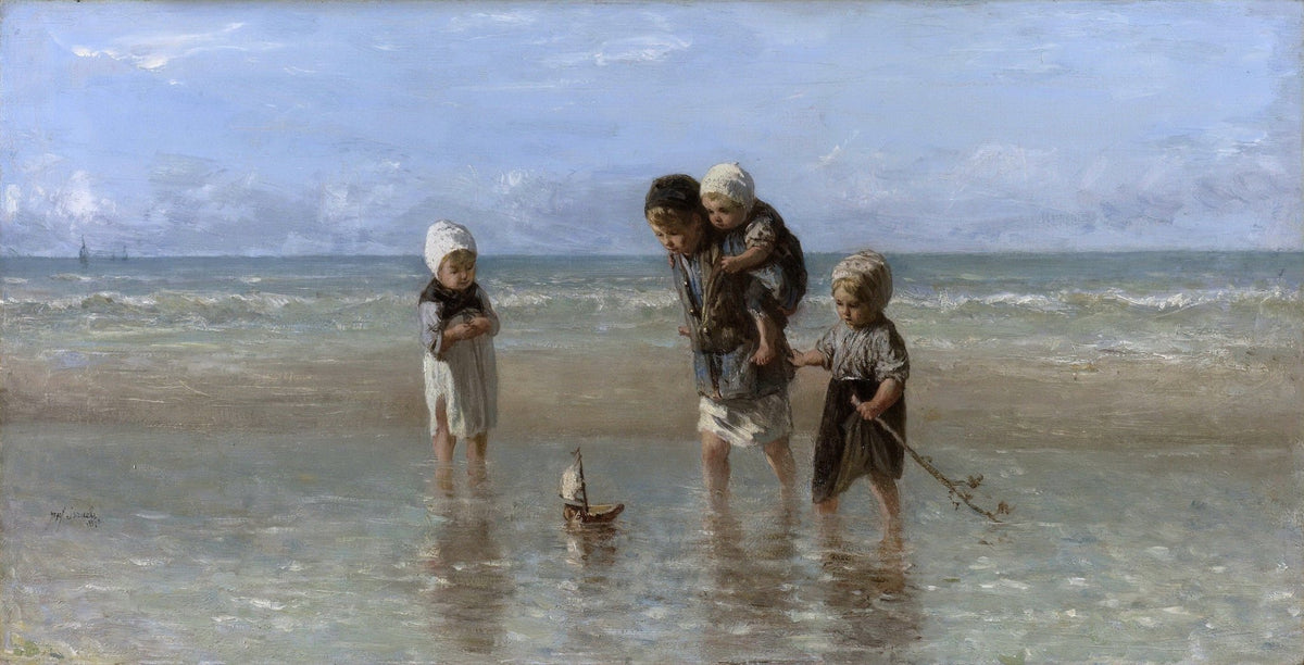 People Oil Painting - Children Playing by the Sea Shore - Oil Painting Haven