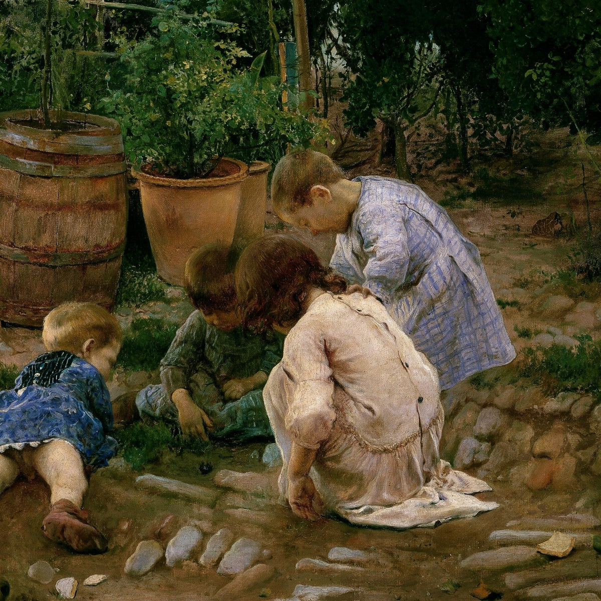 People Oil Painting - Children Playing in Garden Nature Scene - Oil Painting Haven