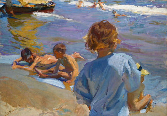 People Oil Painting - Children Playing in Sunlit Seashore - Oil Painting Haven