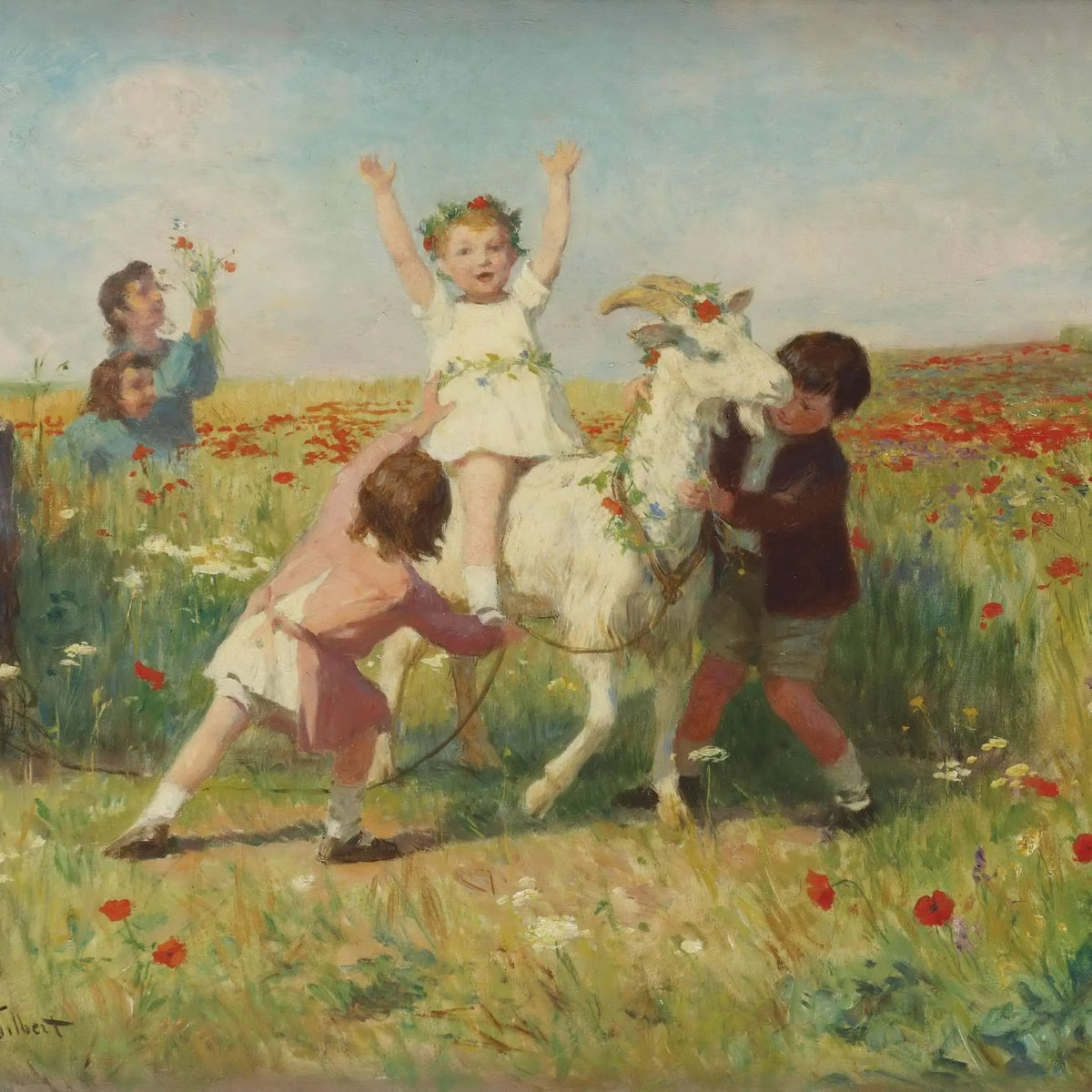 People Oil Painting - Children Playing with Goat in Field - Oil Painting Haven