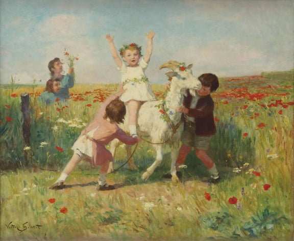 People Oil Painting - Children Playing with Goat in Field - Oil Painting Haven