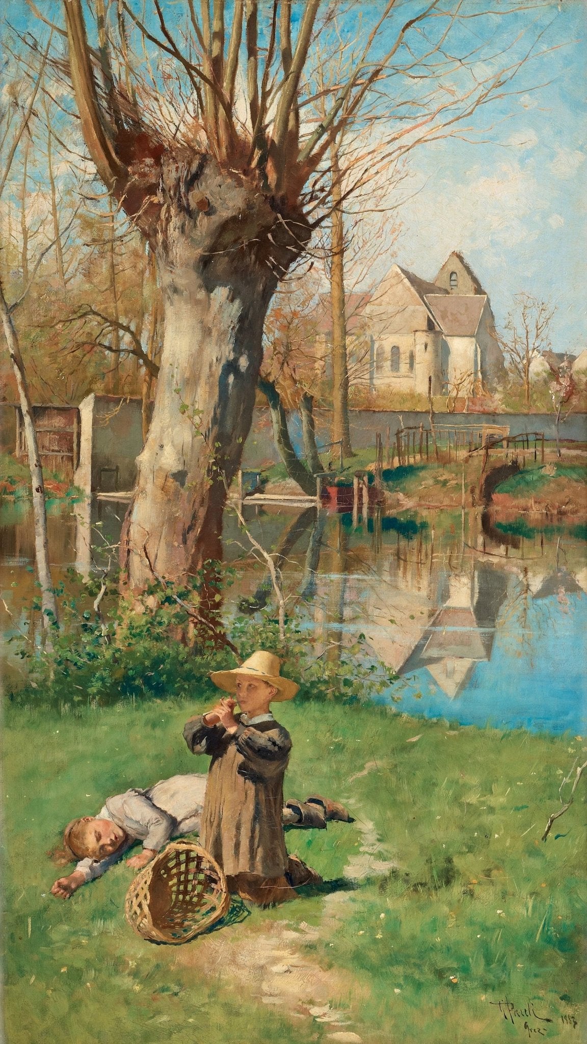 People Oil Painting - Children Resting by Riverside Scene - Oil Painting Haven