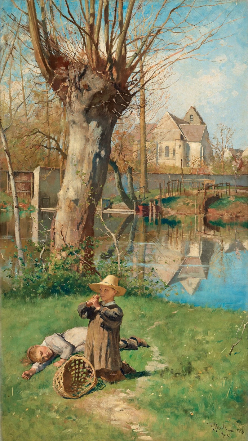 People Oil Painting - Children Resting by Riverside Scene - Oil Painting Haven