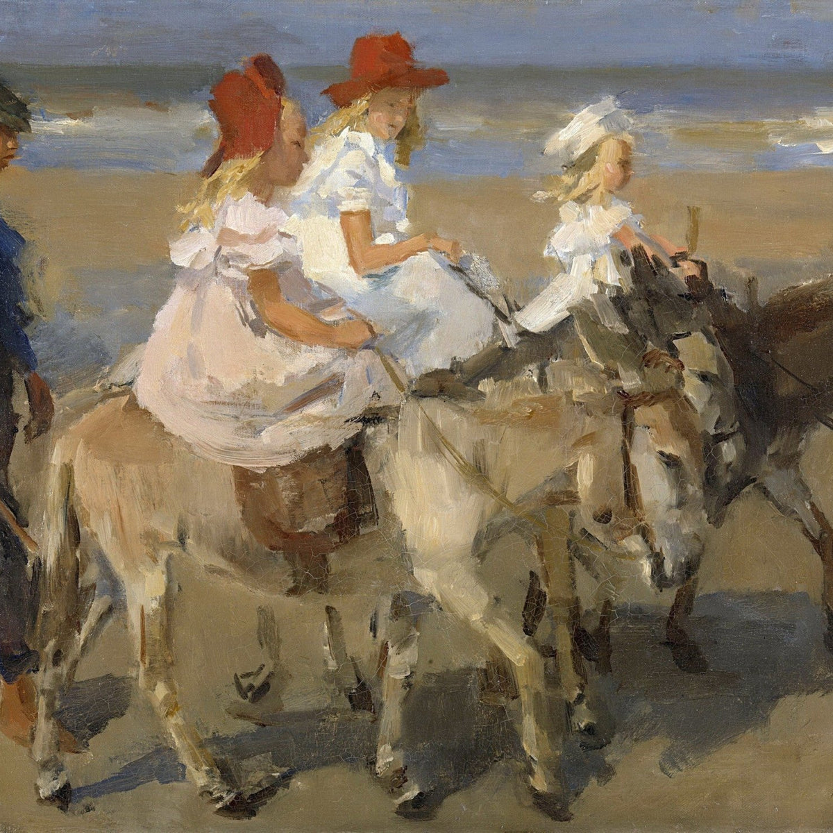 People Oil Painting - Children Riding Donkeys on Beach - Oil Painting Haven
