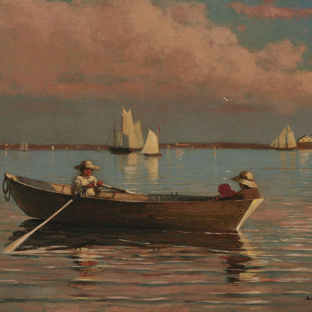 People Oil Painting - Children Rowing Boat in Calm Harbor - Oil Painting Haven