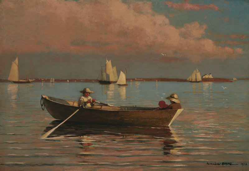 People Oil Painting - Children Rowing Boat in Calm Harbor - Oil Painting Haven