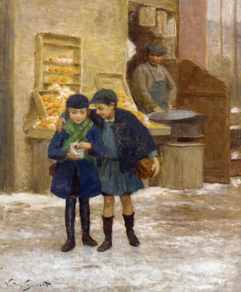 People Oil Painting - Children Sharing Treats Winter Scene - Oil Painting Haven