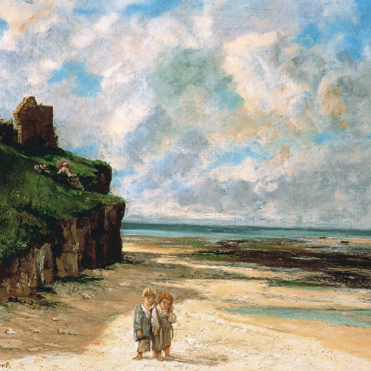 People Oil Painting - Children Walking on Coastal Beach - Oil Painting Haven