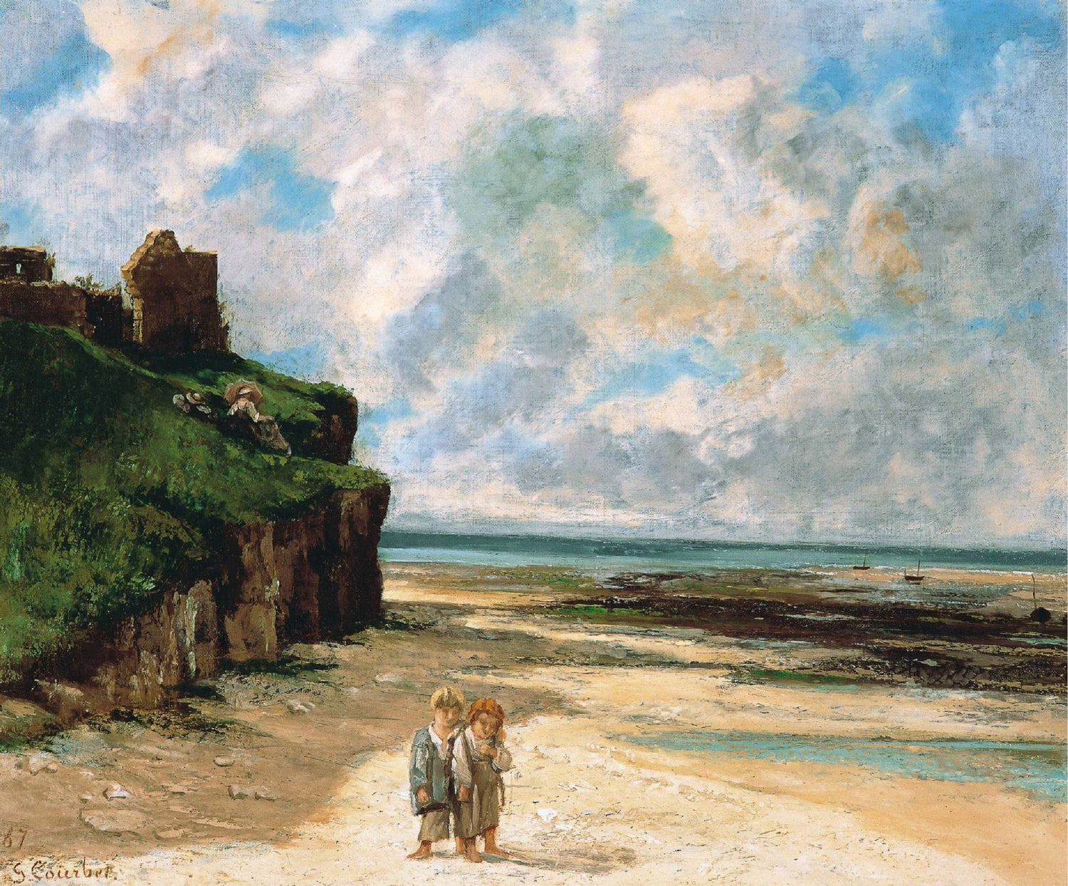 People Oil Painting - Children Walking on Coastal Beach - Oil Painting Haven
